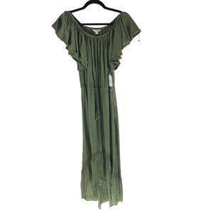 Time & Tru Green Off-Shoulder Tassel Midi Dress Ruffle Hi Low Hem S